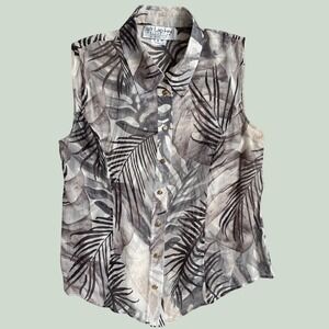 St John Collection Marie Gray 100% Silk Palm Print Sleeveless Button Down 10